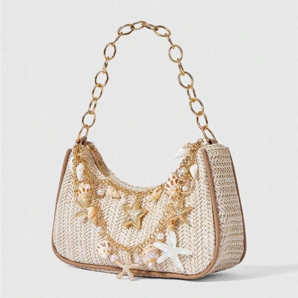 Starfish Boho Straw Shoulder Bag with Gold Chain and Shell Charms - Picture 2 of 6